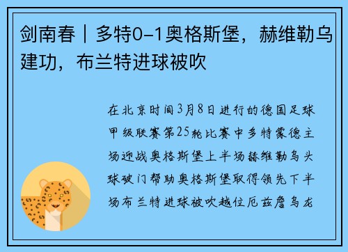 剑南春｜多特0-1奥格斯堡，赫维勒乌建功，布兰特进球被吹